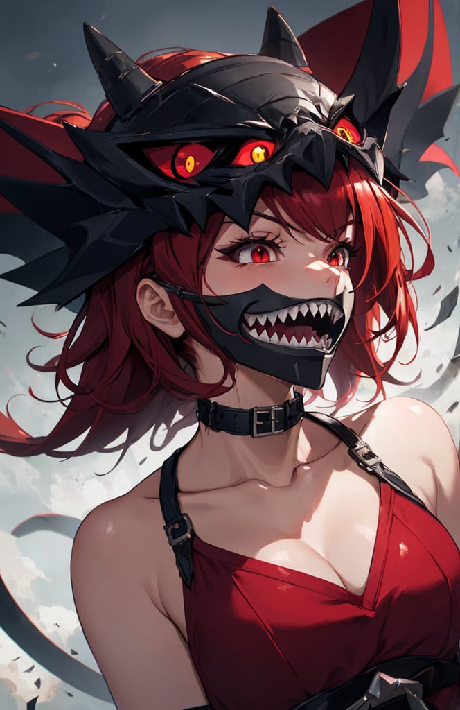 sharp teeth, High resolution, retouching, sharp smile on the mask, red eyes, red hair, cara perfecta,anime,h4l0w3n5l0w5tyl3DonML1gh7,JessicaWaifu, gek,fangs