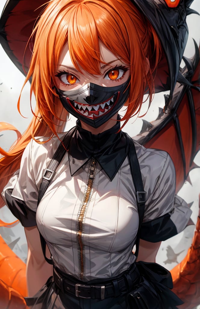 sharp teeth, High resolution, retouching, sharp smile on the mask, orange eyes, orange hair, cara perfecta,anime,h4l0w3n5l0w5tyl3DonML1gh7,JessicaWaifu, gek,fangs,1face,