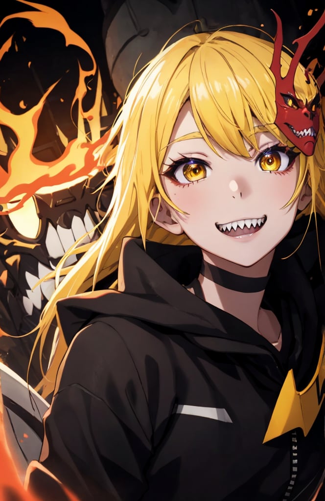 sharp teeth, High resolution, retouching, sharp smile on the mask, yellow eyes, yellow  hair, cara perfecta,anime,h4l0w3n5l0w5tyl3DonML1gh7,JessicaWaifu, gek,fangs,1face,flaming eye