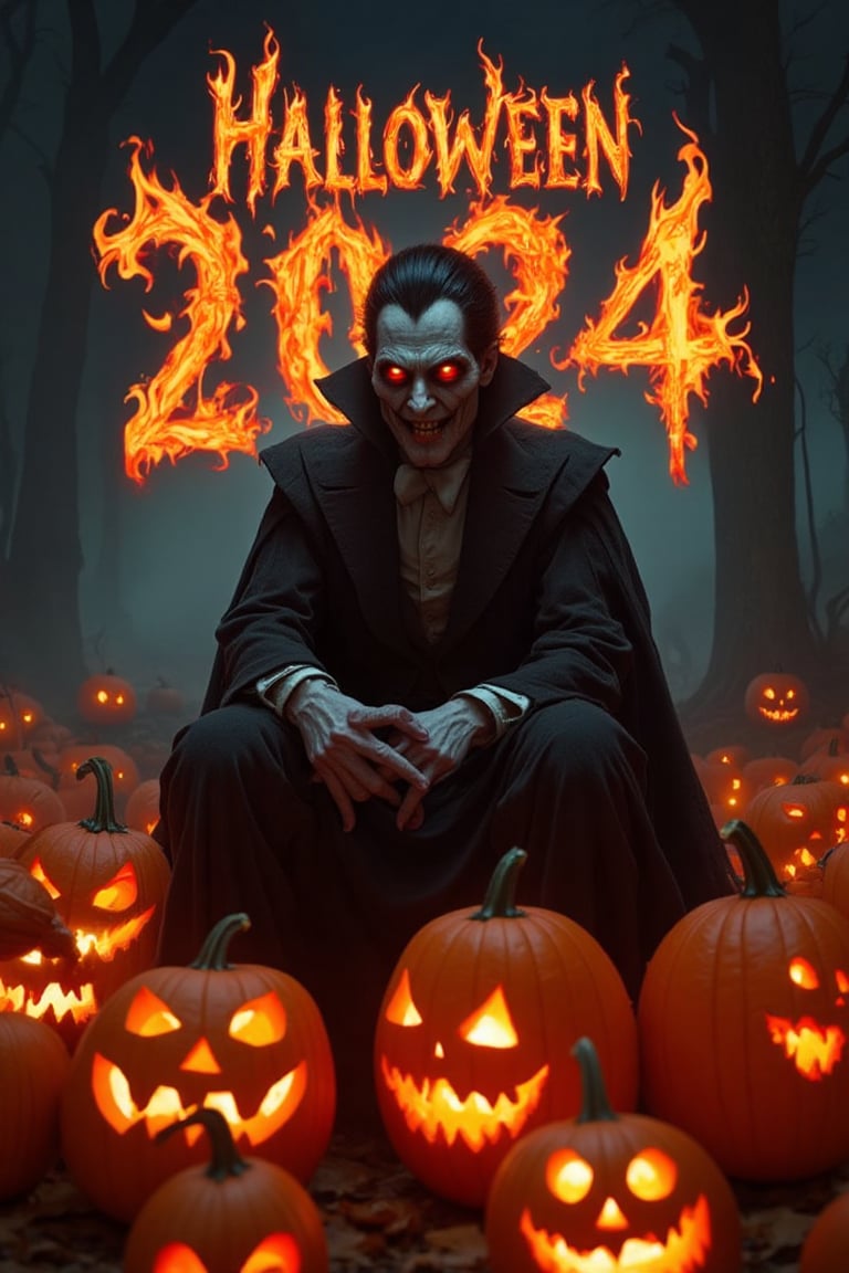 A haunting snapshot of an Insane and twisted dracula seated amidst a sea of lit carved pumpkins, aglow in the flickering candlelight. The vampire (dracula), its very presence seeming to draw forth malevolent energy from the surrounding jack-o'-lanterns. In bold, fiery script across the sky, the words Halloween 2024 appear, a macabre marker of this dark and foreboding night.