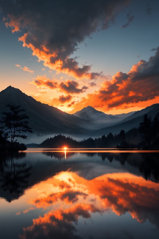 pic of a magnificent sunset over a mountainous landscape, where the high peaks are bathed in a golden light and the sky is painted with soft shades of orange and pink. The clouds extend in dramatic shapes, criando uma cena deslumbrante e serena. No primeiro plano, There is a tranquil lake reflecting the beauty of the sky, while silhouetted trees add a touch of mystery to the landscape. The balanced composition and vastness of nature captured in a convey a sense of calm and wonder at the grandeur of the natural setting. 