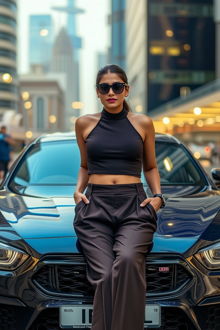 Generate an image of a confident Sri Lankan woman leaning against a sleek, modern car in an urban setting. She’s wearing a high-neck, sleeveless crop top paired with wide-legged, high-waisted trousers, creating a bold and stylish look. Her sunglasses rest on the bridge of her nose as she gazes forward with a relaxed, yet powerful expression. The cityscape behind her is filled with towering buildings and bright lights, reflecting off the polished surface of the car. The scene should evoke a strong, urban vibe, highlighting a blend of modern fashion with a cool, city-chic attitude.