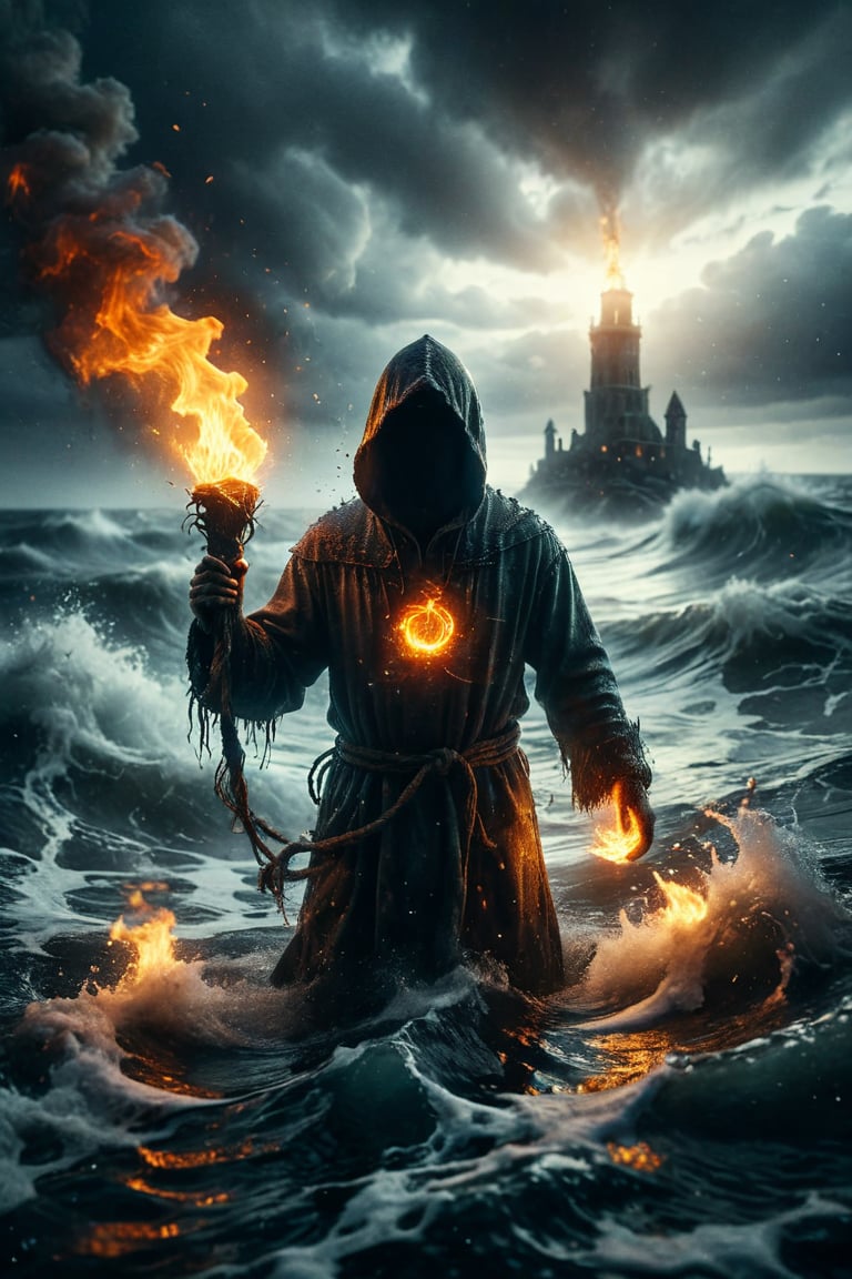 A hooded figure emerges from the depths of the ocean, holding a burning torch aloft while waves spiral around them, representing rebirth and spiritual enlightenment.