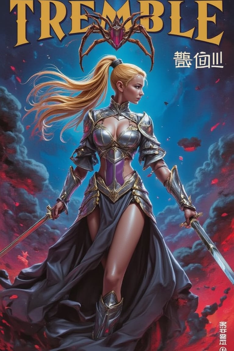 A vibrant anime magazine cover featuring a realistic, dynamic female figure standing with two swords in hand, her legs engulfed in thick black mist. Her flowing golden hair, tied in a high ponytail, and silver-gray cape are blown back by the wind, her resolute gaze fixed on something to her right. The background is a deep blue transitioning to fiery red, with bold, dark fantasy-style text at the top: TREMBLE - 戰慄, incorporating a spider within the letters. The girl has long, pointed ears and is slowly walking while attacking invisible enemies with magical weapons. Her smooth black skin and heavily dented silver armor indicate numerous battles. She wears silver-purple undergarments and has perfect hands, embodying a terrifying yet stunning beauty. The spider emblem on her armor signifies her unwavering loyalty to her dark mistress.