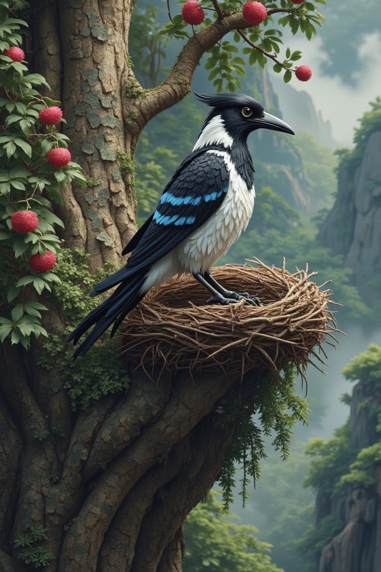 Solo, on an ancient large tree, there is a big nest with a bird resembling a crow. Upon closer inspection, it is a magpie with a white patch on its back, a blue feather near its tail, and white feathers on its chest. Its tail is slightly longer than a crow's. Beautiful, it is the magpie from ancient Han Chinese culture, still existing today. Despite its beauty, it can sometimes attack humans like a crow. Detailed, hyper-realistic, captured with modern photography techniques, a great photo.