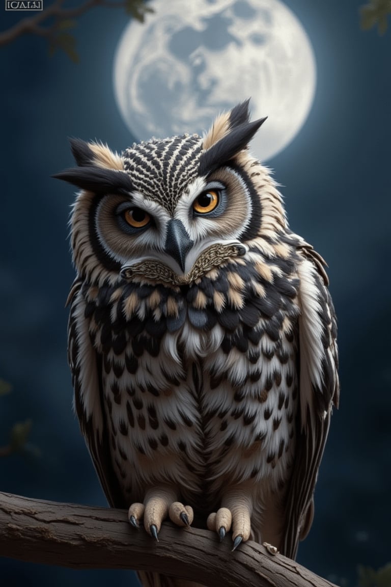 Solo, a digital official art image of a small owl tilting its head to look at the camera. A great photo, with the owl perched on a branch and a large moon in the background. A masterpiece.