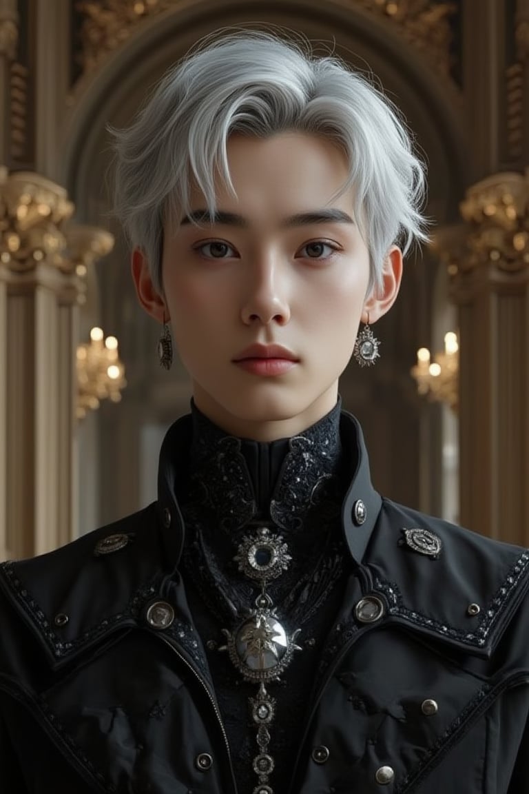 An elegant, ornate full portrait of a young Victorian, depicted heroically with black attire and titanium trim. The setting is a grand castle, capturing a head and shoulders view. Rendered in 128k resolution, the artwork showcases top-quality details, with a focus on beauty and aesthetics. The subject is a single girl with silver silk hair, portrayed in an extremely detailed, Leonardo-style manner. The cyberpunk style adds a futuristic edge, enhancing the overall masterpiece.