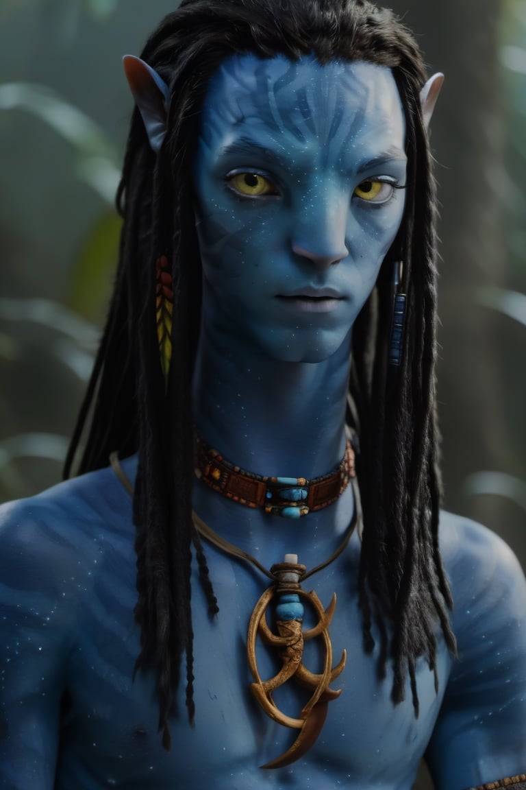 twenty year old male na'vi, omaticaya na'vi, miles "spider" socorro, ((blue skin)), blue palette, ((black hair)), ((long hair in dreads)), messy hair, ((golden eyes)), eyebrows, skin full of ((scales)), ((pointy fangs)), wearing tribal clothing, beautiful na'vi, action scene, close-up face view, profile view, realistic_eyes, hyper_realistic, extreme details, HDR, 4k quality, perfect quality, perfect image, HD quality, movie scene, Read description, ADD MORE DETAIL, glowing forest background