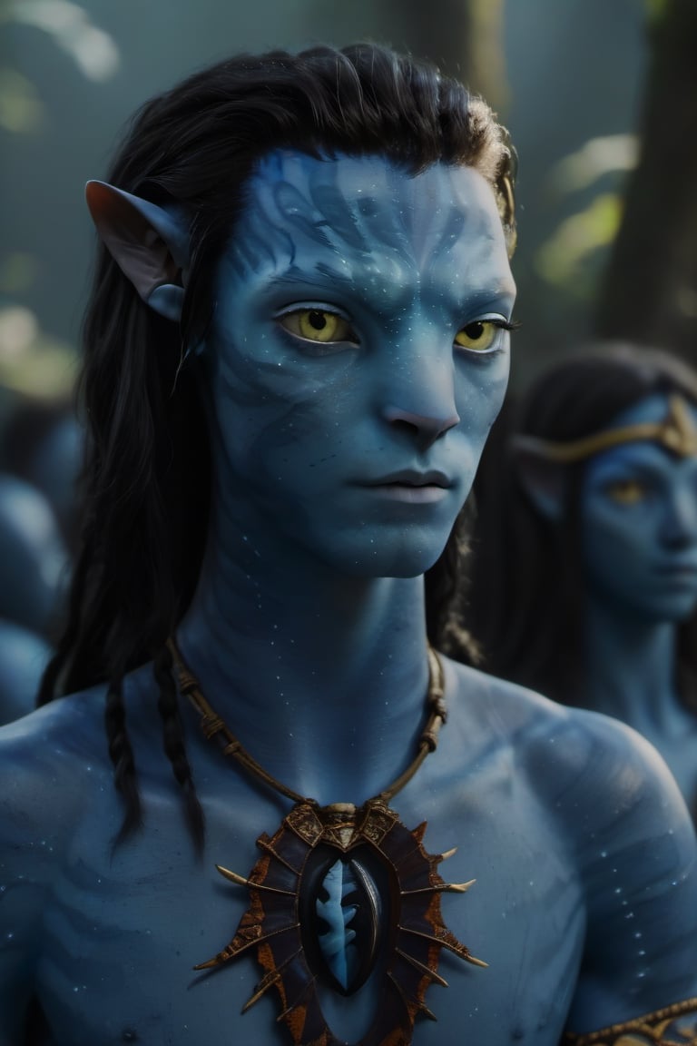 twenty year old male na'vi, omaticaya na'vi, miles "spider" socorro, ((blue skin)), blue palette, ((black hair)), ((shoulder lenght curly hair)), messy hair, ((golden eyes)), eyebrows, skin full of ((scales)), ((pointy fangs)), wearing tribal clothing, beautiful na'vi, action scene, close-up face view, ((profile view)), realistic_eyes, hyper_realistic, extreme details, HDR, 4k quality, perfect quality, perfect image, HD quality, movie scene, Read description, ADD MORE DETAIL, glowing forest background