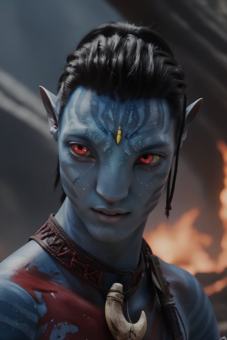 twenty year old male na'vi, jungkook, ((ash gray skin)), (white skin), gray palette, ((black hair)), ((short hair)), messy hair, ((bloody red eyes)), skin full of ((scales)), stern face, ((pointy fangs)), full of red painted stripes, wearing (bones) as acessories, wearing tribal clothing, beautiful na'vi, action scene, close-up face view, ((profile view)), realistic_eyes, hyper_realistic, extreme details, HDR, 4k quality, perfect quality, perfect image, HD quality, movie scene, Read description, ADD MORE DETAIL,vulcanic land background, cave with bonfires background