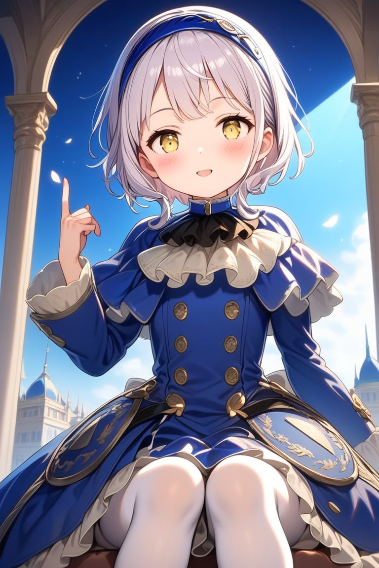 12yo, Melina with short white hair and yellow eyes, wearing blue clothes, white pantyhose, and a blue headband ,short hair.

(girl boldly steps on the man's head with her foot, showcasing her confidence and sassiness.):1.5


The scene is framed by an elegant palace background, radiating divine light.

She the dress glinting in the soft lighting. Her parted lips form a arrogant smile as she holds up her hand, showcasing her elegant demeanor. 

The scene is set against a rich blue backdrop, with a hint of blush on Melina's cheeks, giving off an air of sweetness and innocence.