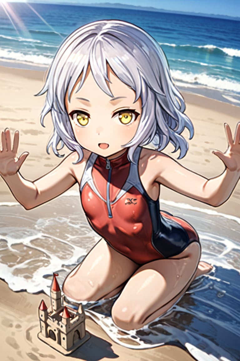 Melina, Anime style, 4K UHD, high quality, masterpiece:1.5
Character: 1 girl (solo), 14yo, short white hair :1.2, yellow eyes, open mouth, 

Outfit: (red high-tech sleek one-piece swimsuit):1.5, 

Pose: 
Beach water play:1.3, 
splash water, 


Setting: 
Beach, 
Sunlight,


Props: 
blister,
sand castle,
Show feet,

Atmosphere: 
Sunlight

Details: sharp focus, detailed water textures, droplets on skin, photoreal:1.2

Style: anime, advanced 