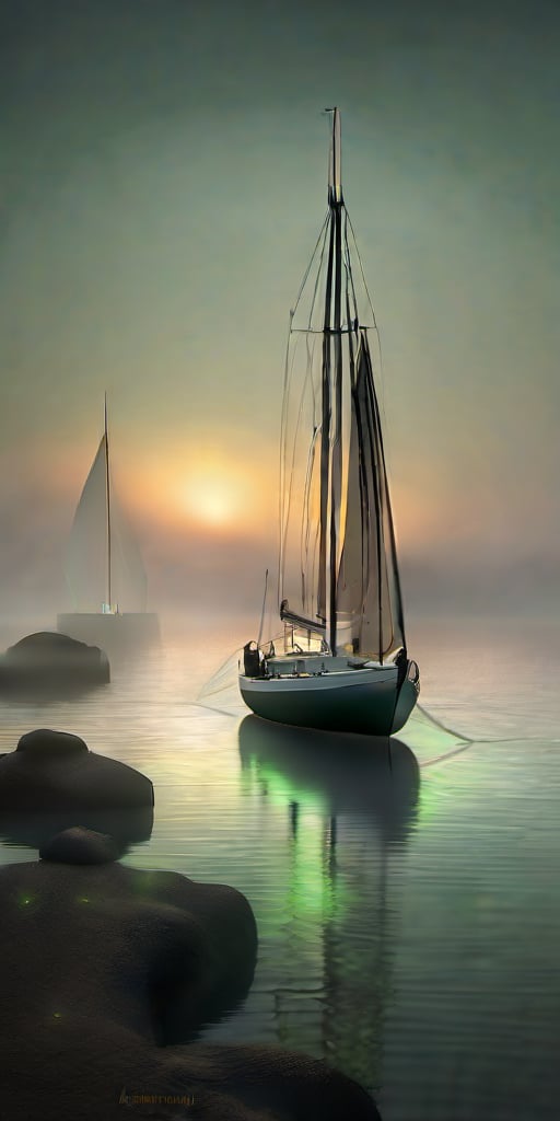 "Extreme close-up, surreal fantasy, chiaroscuro lighting, no frame, depict a mystical, ethereal ketch sailboat with elongated, delicate features and a soft, flowing design that seems to merge with the surrounding environment. The background should be a dreamy, fantastical seascape with swirling mists and soft, luminescent colors blending seamlessly. A landscape with an ominous, dense fog creating a misty, mysterious atmosphere at sunset. The scene features a vast landscape with a tiny, distant city skyline on the horizon. Grotesque, organic forms are present in the foreground, with abstract, unsettling elements. A tiny silhouetted figure stands in the distance, adding a sense of scale and isolation. The mood is enigmatic and awe-inspiring, evoking a sense of wonder and exploration. Intricate, raw textures and a highly muted, monochromatic color palette with subtle variations in shades of green, black, and vibrant colors from the spectacular sunset. Artistic style is highly detailed, with intricate patterns and textures on the sailboat and the surrounding elements. Proportions are slightly exaggerated to enhance the surreal quality, with a perspective that draws the viewer into the scene, focusing on the delicate interplay of light and shadow. Reflections and shadows are subtly incorporated to add depth and realism without detracting from the overall fantastical atmosphere. The overall mood is eerie, desolate, and haunting, evoking a deep sense of unease and contemplation. HDR, 8K resolution. The lighting is uniformly subdued and diffused, with rim lighting to highlight the edges of the subject, enhancing the fog and creating a soft, ethereal glow from the setting sun."