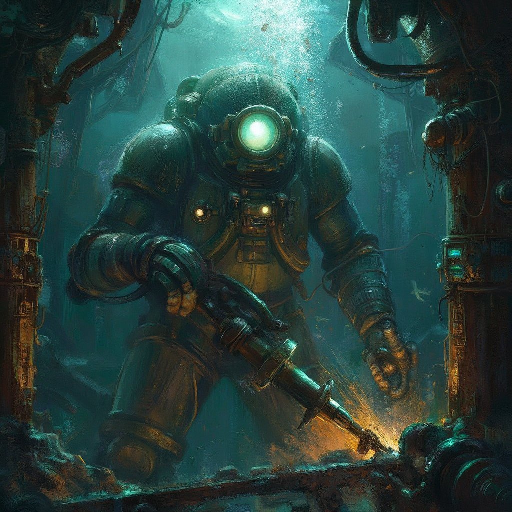 "Create a highly detailed and atmospheric ultrarealistic image of a Big Daddy from *BioShock* working underwater in the da...