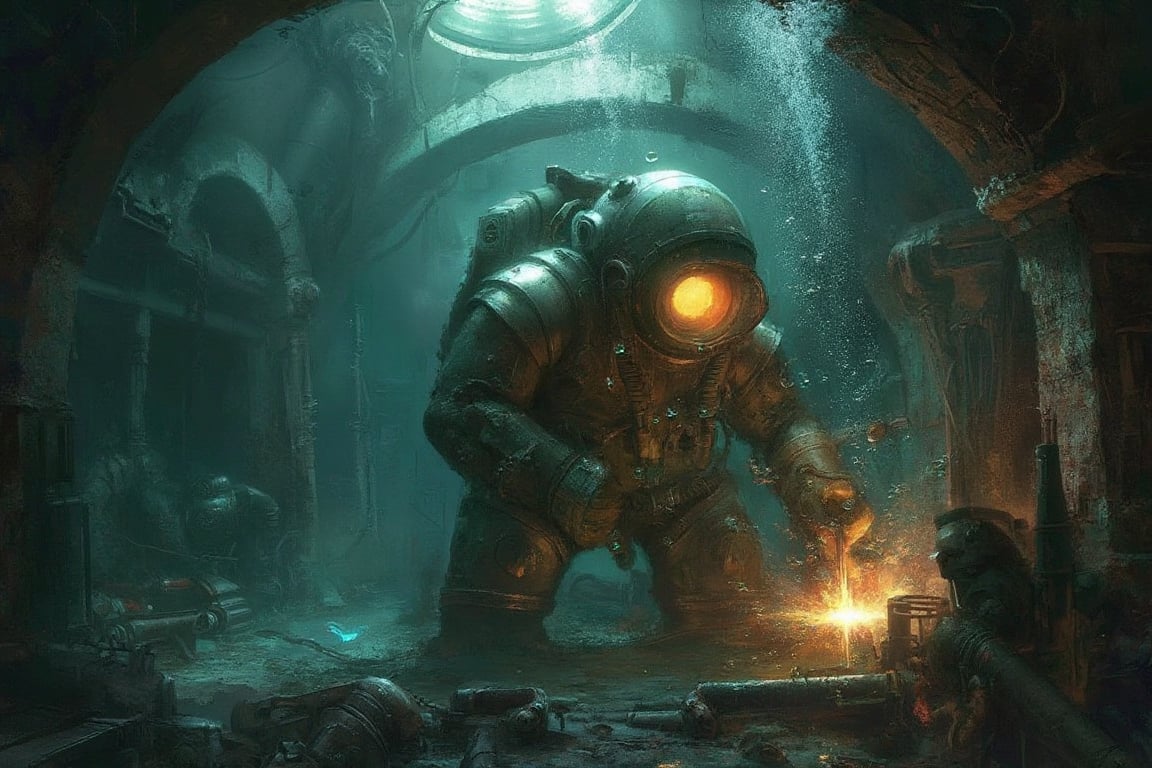"Create a highly detailed and atmospheric ultrarealistic image of a Big Daddy from *BioShock* working underwater in the da...