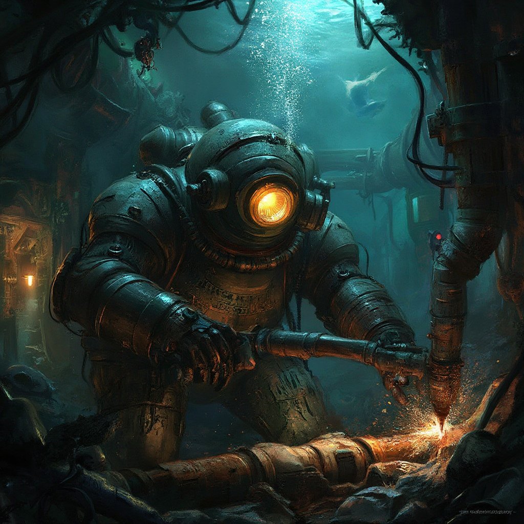 "Create a highly detailed and atmospheric ultrarealistic image of a Big Daddy from *BioShock* working underwater in the da...