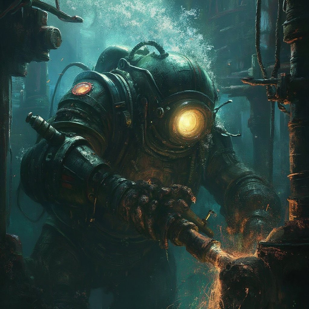 "Create a highly detailed and atmospheric ultrarealistic image of a Big Daddy from *BioShock* working underwater in the da...