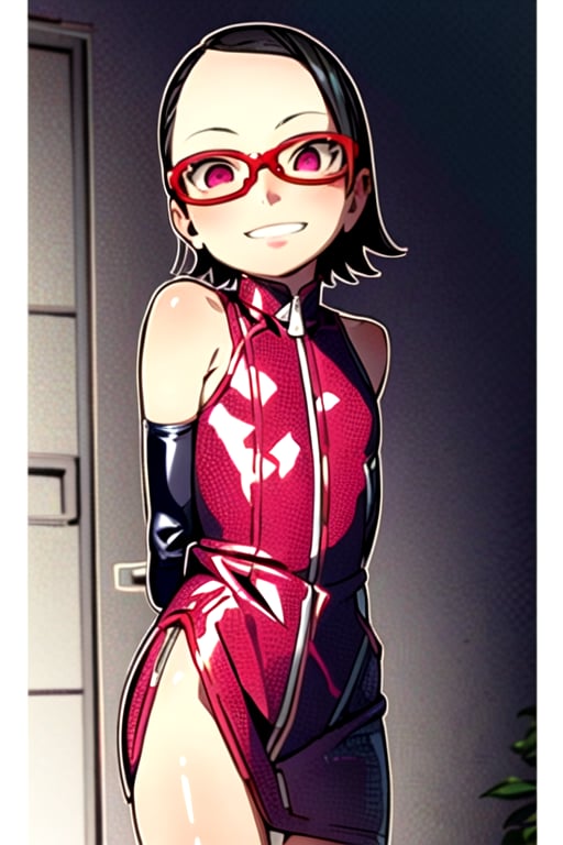 masterpiece, best quality, (solo:1.3),, (arms behind back:1.1),1girl, solo,tiny_breasts,
 glasses,red_eyes, bare shoulders, open jacket,zip  red dress,black cowboy shot,ruin, light smile ,looking at viewer,elbow_gloves,Saradauchiha,short_hair