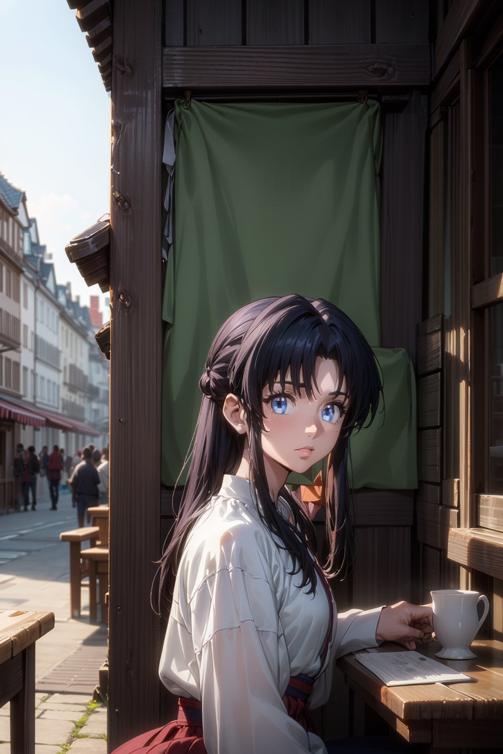 kamiya_kaoru_rurounikenshin2023,legantism, opulent scene, a beautiful girl sitting in a sunny European Cafe with tables outside golden summer light, Pierre Auguste Renoir style, Impressionism, stunning intricate details.t, 8k resolution. (masterpiece, top quality, best quality, official art, beautiful and aesthetic:1.2), (1girl:1.4), upper body, blck hair, portrait, extreme detailed, super wide angle, high angle, high color contrast, medium shot, depth of field, blurry background, simple background, bokeh,impressionist painting