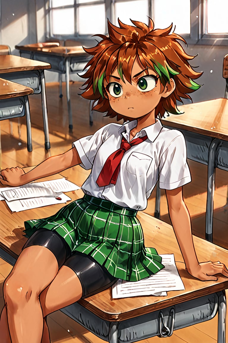 action lines, face of disappointment, very boring, Classroom, school table, Short hair, School uniform, white polo shirt, short green plaid skirt, Black bike shorts under the skirt.

Helia, 1 girl, young girl, reddish brown hair with green highlights, dark green eyes, latina, Sunburned skin, brown skin, crossed legs, legs resting on the table, throwing a paper plane,

texture, quality, and color of your photos and illustrations while minimizing the effect on the composition.