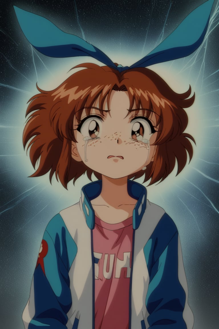 Improve the detail, texture, quality, and color of your photos and illustrations while minimizing the effect on the composition.
Young girl, reddish brown hair, brown eyes, pink undershirt, white jacket with turquoise sleeves, blue hair bow, sunburned skin, void between dimensions, darkness, freckles on the face, Vintage Anime, Retro Artstyle, Anime Screencap, crying and fear,