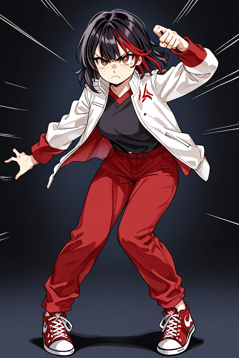 action lines, face of disappointment, slightly angry, black background, Japanese-Irish girl, black hair with red highlights, brown eyes, freckles, light skin, white jacket with red sleeves, khaki pants, red converse tennis shoes.

texture, quality, and color of your photos and illustrations while minimizing the effect on the composition.