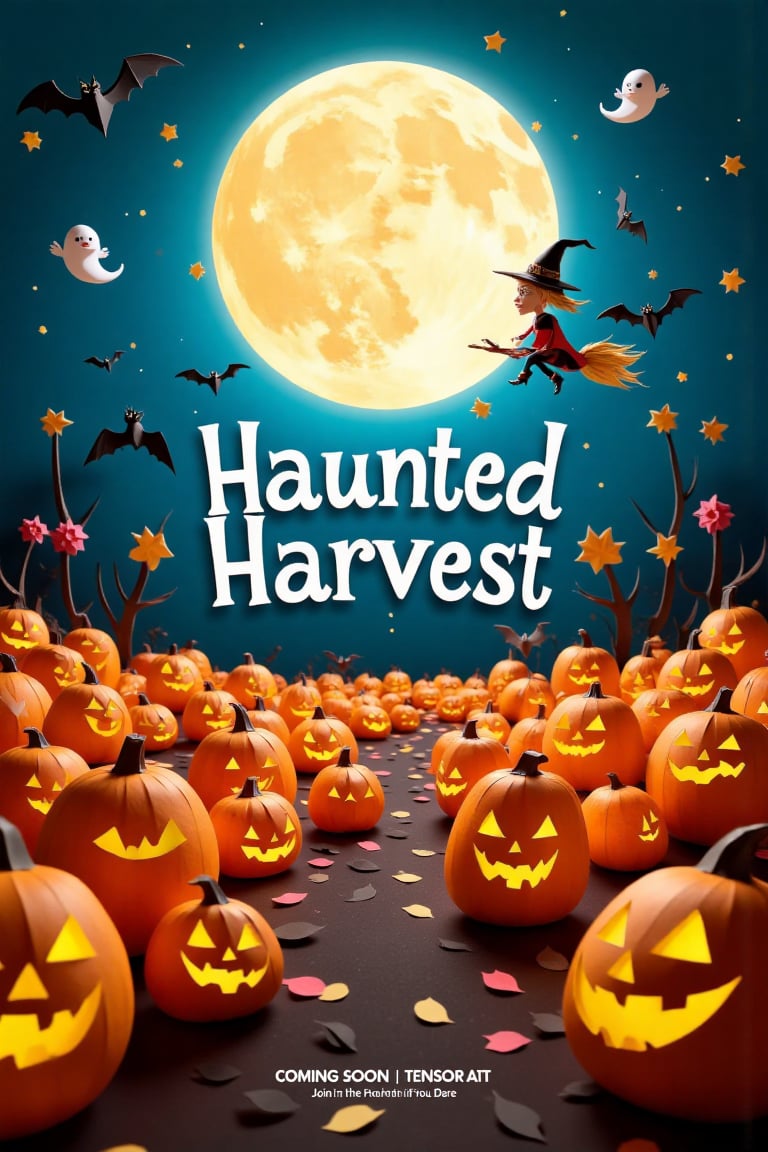 A spooky and enchanting movie poster titled "Halloween2024 Flux," featuring a whimsical Halloween theme. The poster showcases a lively pumpkin patch under a full moon, with playful ghosts and mischievous black cats weaving through the rows of glowing jack-o'-lanterns. Bats flutter in the night sky, and a friendly witch on a broomstick zooms above, scattering colorful autumn leaves. The title "Haunted Harvest" is written in a spooky, yet fun font, with the tagline "Join the Fun if You Dare!" and "Coming Soon on Tensor Art" in smaller text at the bottom.