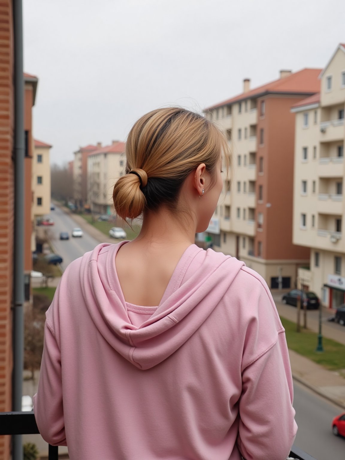 The image depicts a strikingly beautiful young woman. She has short blonde hair. She is wearing a pink hoodie. Her back is turned to the camera. She is standing on the balcony of a city apartment, looking out into a city in autum. This autumnal scene adds a warm and picturesque touch to the image.