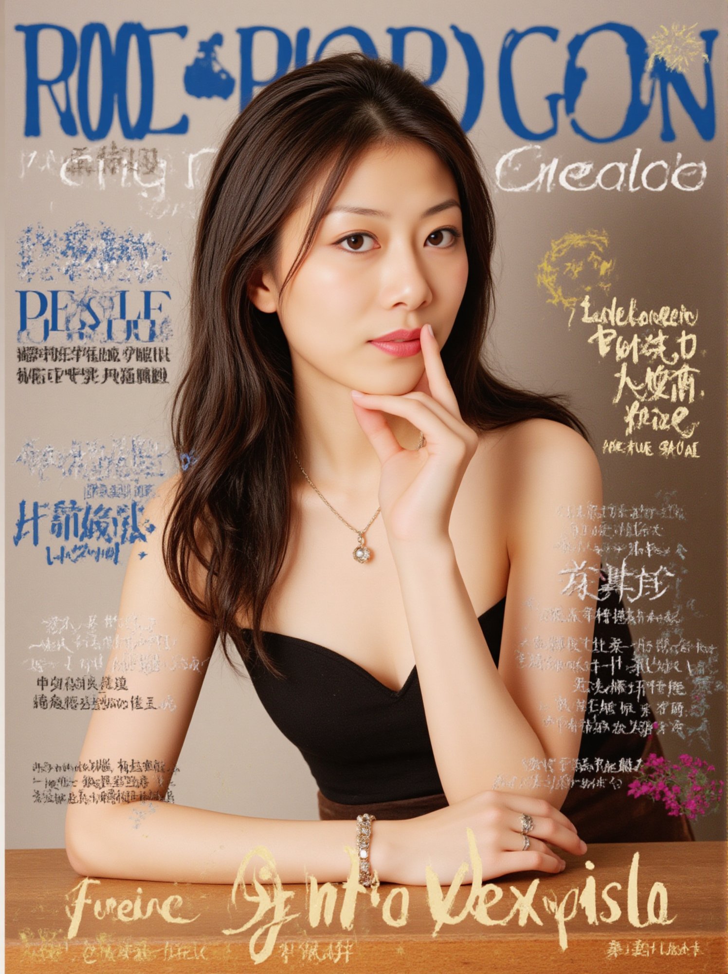 The prominent blue letters at the top of the magazine cover read 'MENG TAN':a young Asian woman is seated at a table. She is dressed in a black strapless dress, adorned with a silver necklace and a silver bracelet. Her left hand is resting on her chin, while her right hand rests on her hip. She has a silver ring on her left hand, adding a touch of charm to her outfit. The background is blurred, suggesting a restaurant setting.
