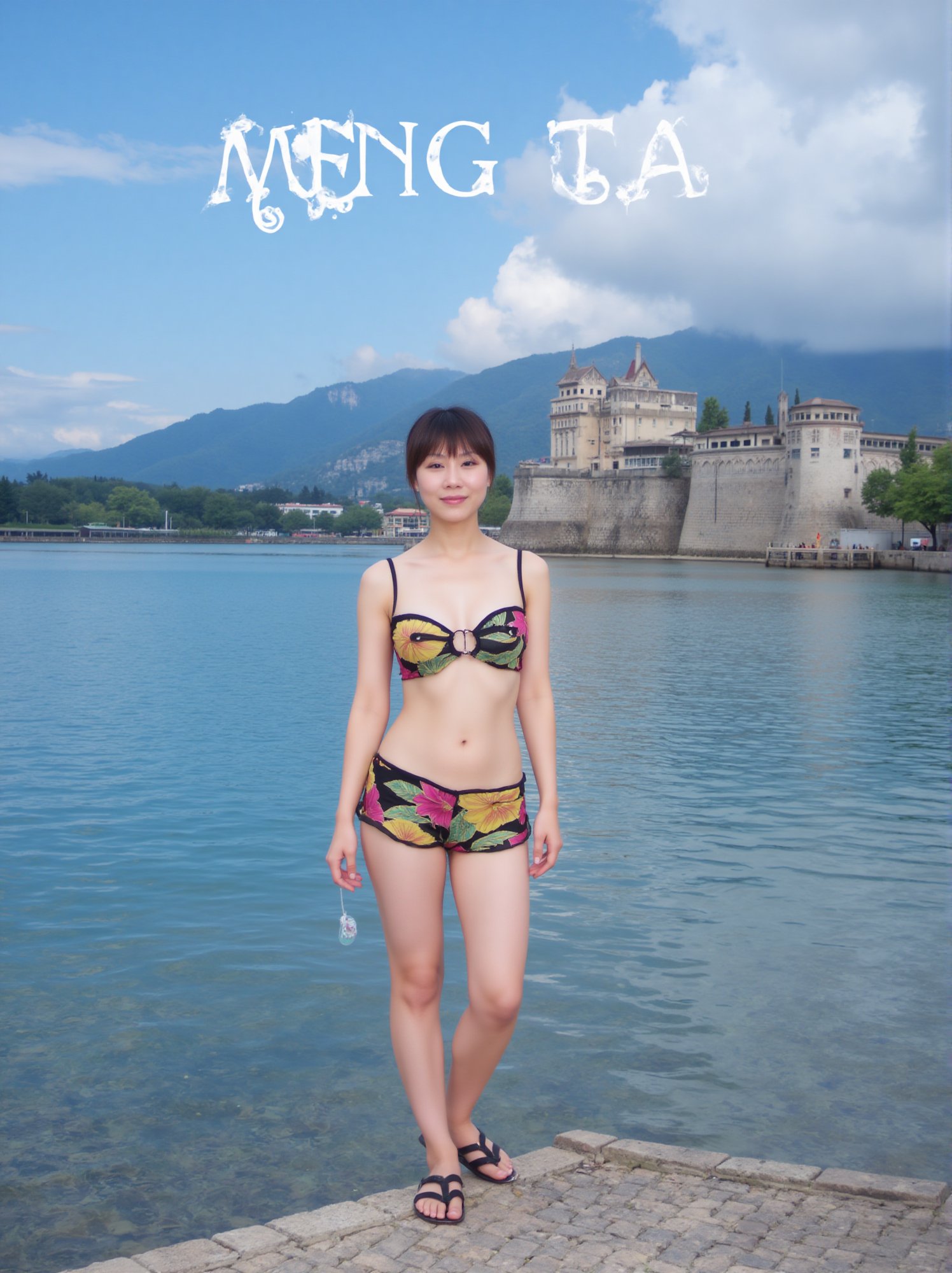 A beautiful Chinese woman stands by the lake, dressed in sexy clothing, revealing her upper body, and smiling at the audience, earth landscape, medieval castle, lake, mountains, clouds, clear sky, colorful balloons (balloons: 1.5) Blue and white tones, smiles, epic, Celestia, fantasy world, beautiful world..,Above the image, there is an artistic font that reads' MENG TAN '