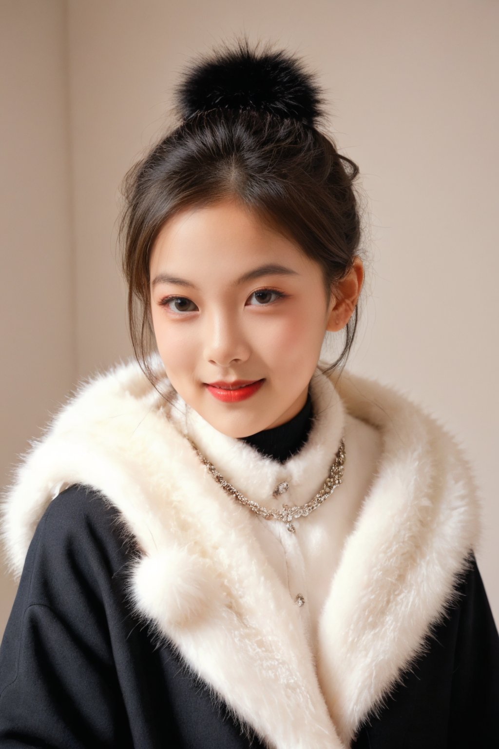 A beautiful ten year old girl with a lush fur trim adorning her coat. She stands solo against a blurred background, the depth of field drawing attention to her striking features. Her raven-black hair is styled with a sparkling ornament, framing her face. The focus shifts to her upper body, showcasing her playful pom-pom-patterned clothes. Her full lips curve into a subtle smile, as she gazes directly at the camera. The overall mood is enchanting and carefree, with the fur collar adding a touch of luxury to this winter wonderland scene.