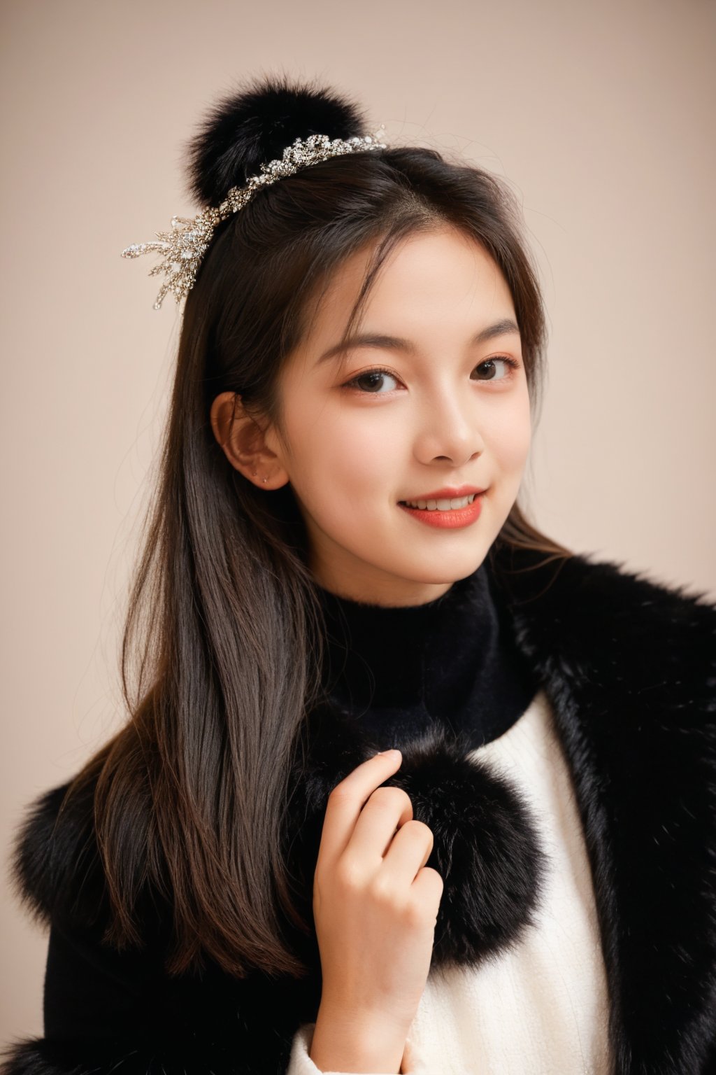 A beautiful ten year old girl with a lush fur trim adorning her coat. She stands solo against a blurred background, the depth of field drawing attention to her striking features. Her raven-black hair is styled with a sparkling ornament, framing her face. The focus shifts to her upper body, showcasing her playful pom-pom-patterned clothes. Her full lips curve into a subtle smile, as she gazes directly at the camera. The overall mood is enchanting and carefree, with the fur collar adding a touch of luxury to this winter wonderland scene.