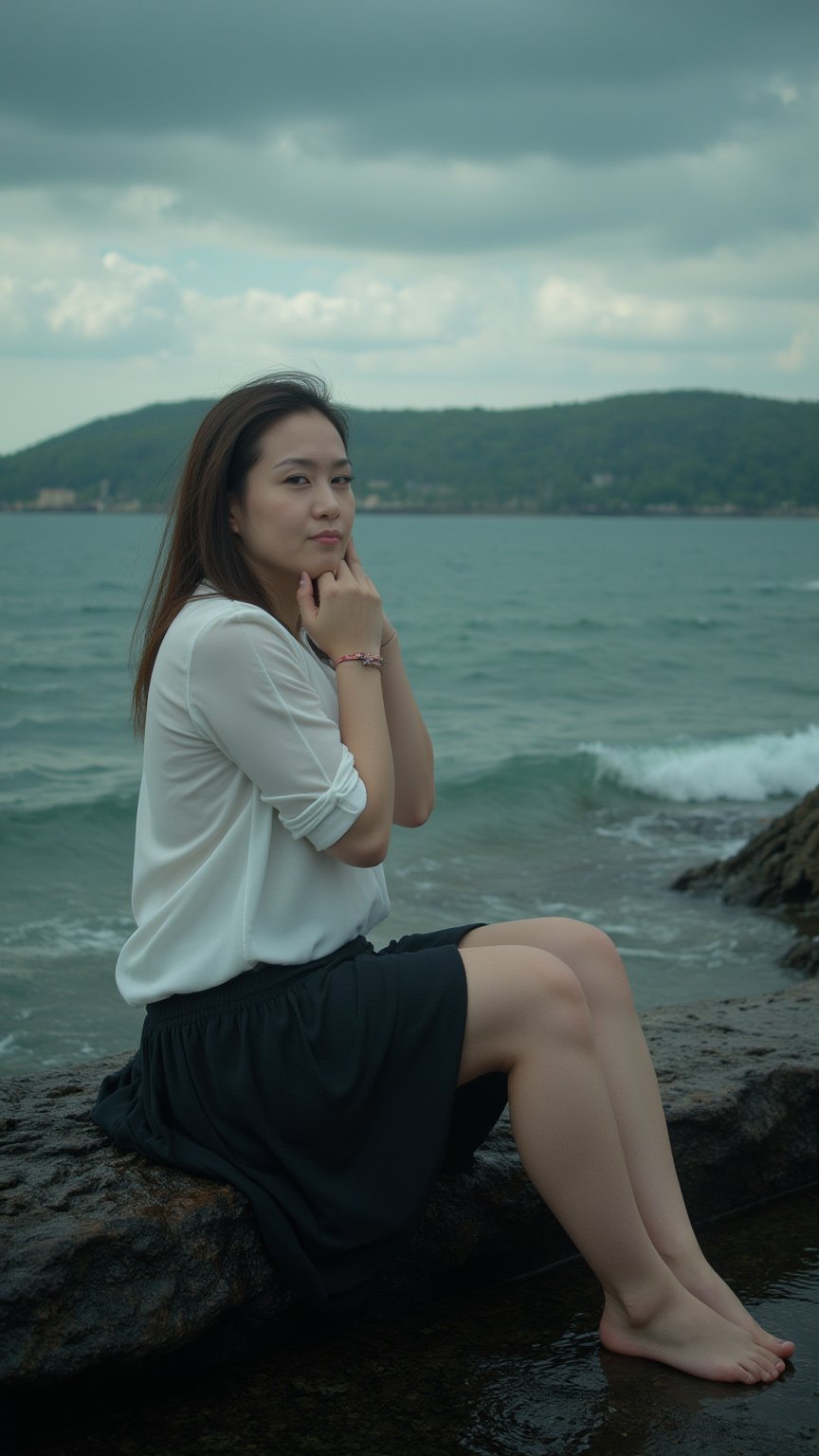 A cinematic shot of a woman sitting on a rocky shore near the water. She is dressed in a white blouse and a dark skirt. She has her legs drawn up to her chest, and her head is resting on her knees. The sky is overcast, with dark clouds. The water is rough, with waves crashing onto the shore. There is a sense of isolation and sadness in the scene.
