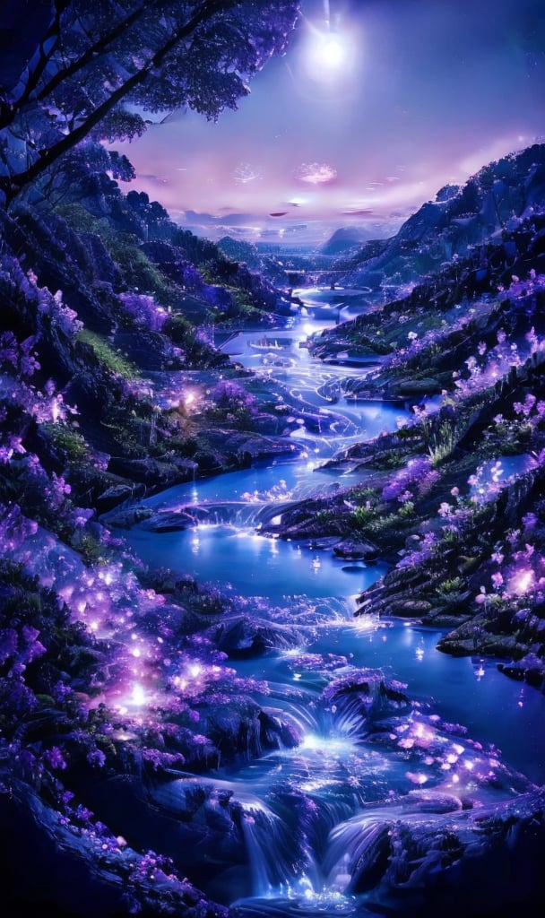 a vibrant vibrant purple hue is stunning against a backdrop of a river flowing through a forest. The river is surrounded by lush green foliage, adorned with purple and pink flowers, adding a pop of color to the scene. The sun is setting, creating a stunning contrast to the dark blue of the river. The water is flowing in a flowing pattern, adding depth to the overall composition. The sky is a deep blue, with a few wispy clouds in the air, adding to the peacefulness of the image.