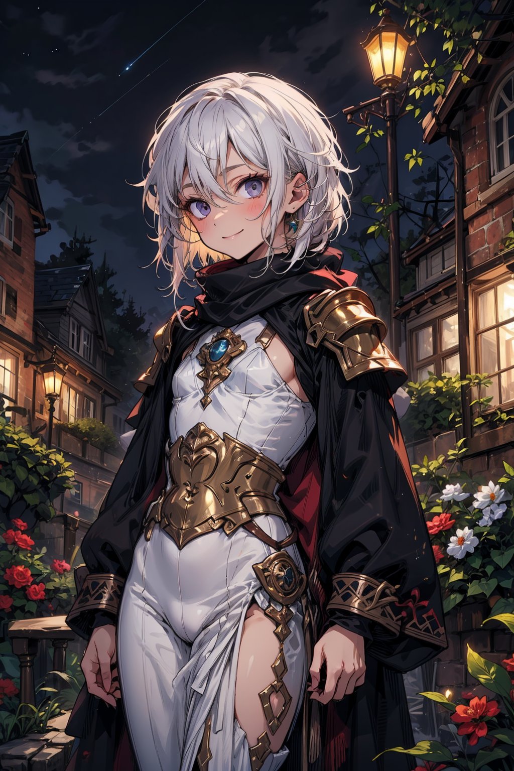 young_person, small_person, androgynous_look, flat_chest, white_hair, shoulder_length_hair, dark_eyes, uncertain_smile, very_slim, very_thin, close_up, fantasy_clothes, victorian_clothes, garden, night, dark_sky, small_body, white_robe, hermaphroditic_look, hermaphrodite, white_clothes, gold_marks, scarf, longer_hair