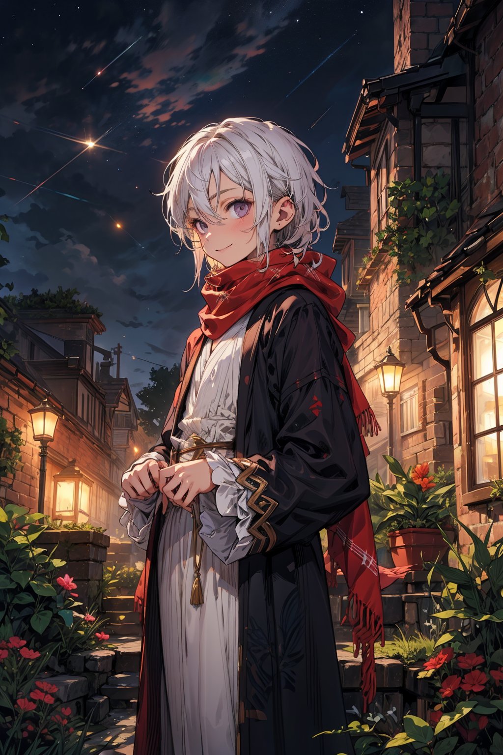 young_person, small_person, androgynous_look, flat_chest, white_hair, shoulder_length_hair, dark_eyes, uncertain_smile, very_slim, very_thin, close_up, fantasy_clothes, victorian_clothes, garden, night, dark_sky, small_body, white_robe, hermaphroditic_look, hermaphrodite, white_clothes, gold_marks, scarf