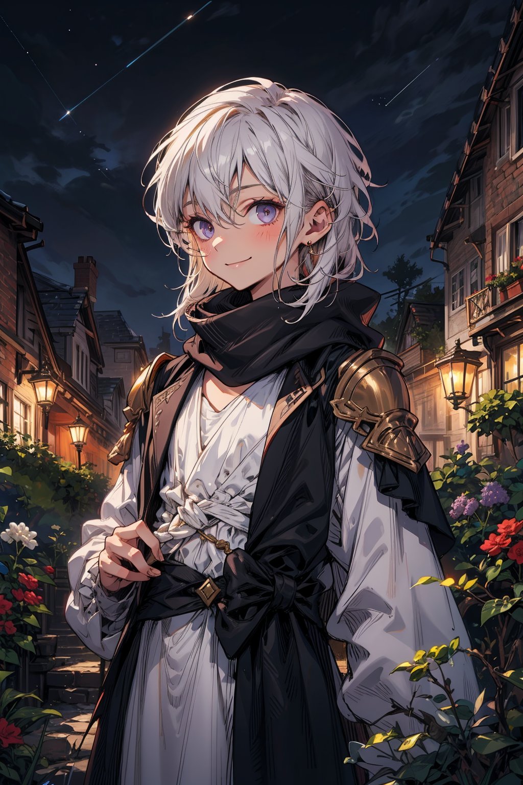 young_person, small_person, androgynous_look, flat_chest, white_hair, shoulder_length_hair, dark_eyes, uncertain_smile, very_slim, very_thin, close_up, fantasy_clothes, victorian_clothes, garden, night, dark_sky, small_body, white_robe, hermaphroditic_look, hermaphrodite, white_clothes, gold_marks, scarf, longer_hair