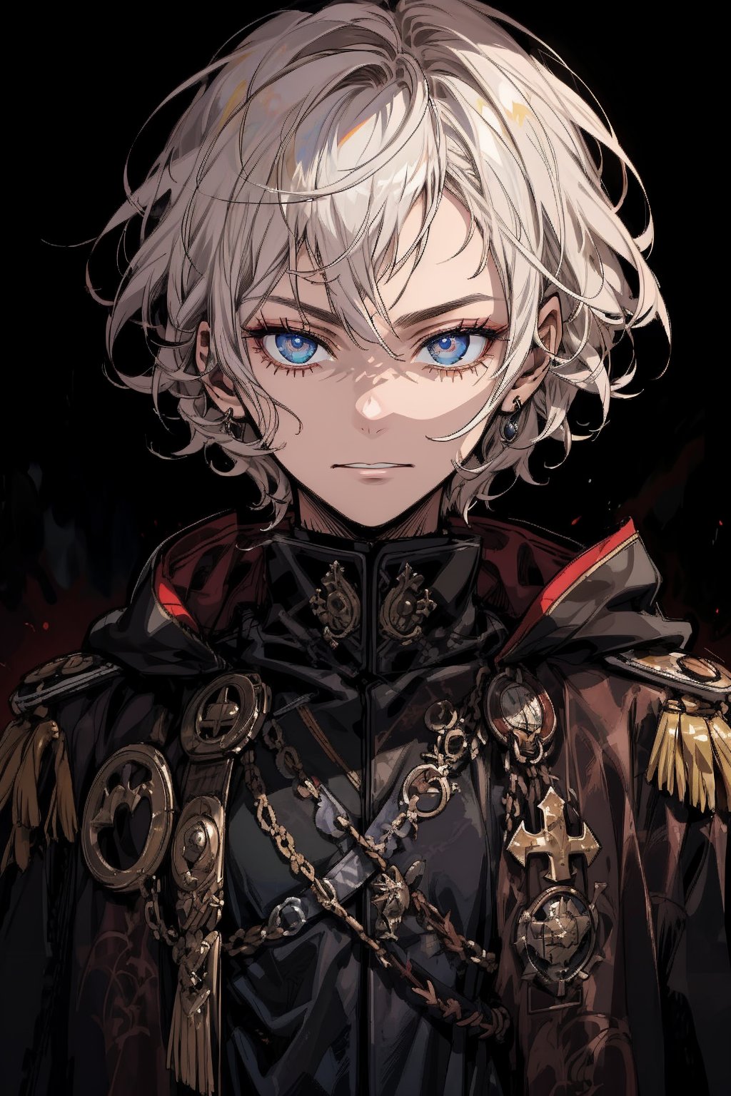 young_boy, young_male, short_hair, white_hair, blue_eyes, deep_eyes, beautifull, evil, beautifull_expression, fantasy_clothes, brown_clothes, military_cloak, brown_cloak, dark_background, close_up, slim, thin, dark, midnight, military_uniform, muscular, german_cloak, plain_clothes, evil_incarnate,, older, dark_eyes, shadow, square_face, upper_half, johan_liebert, harisma