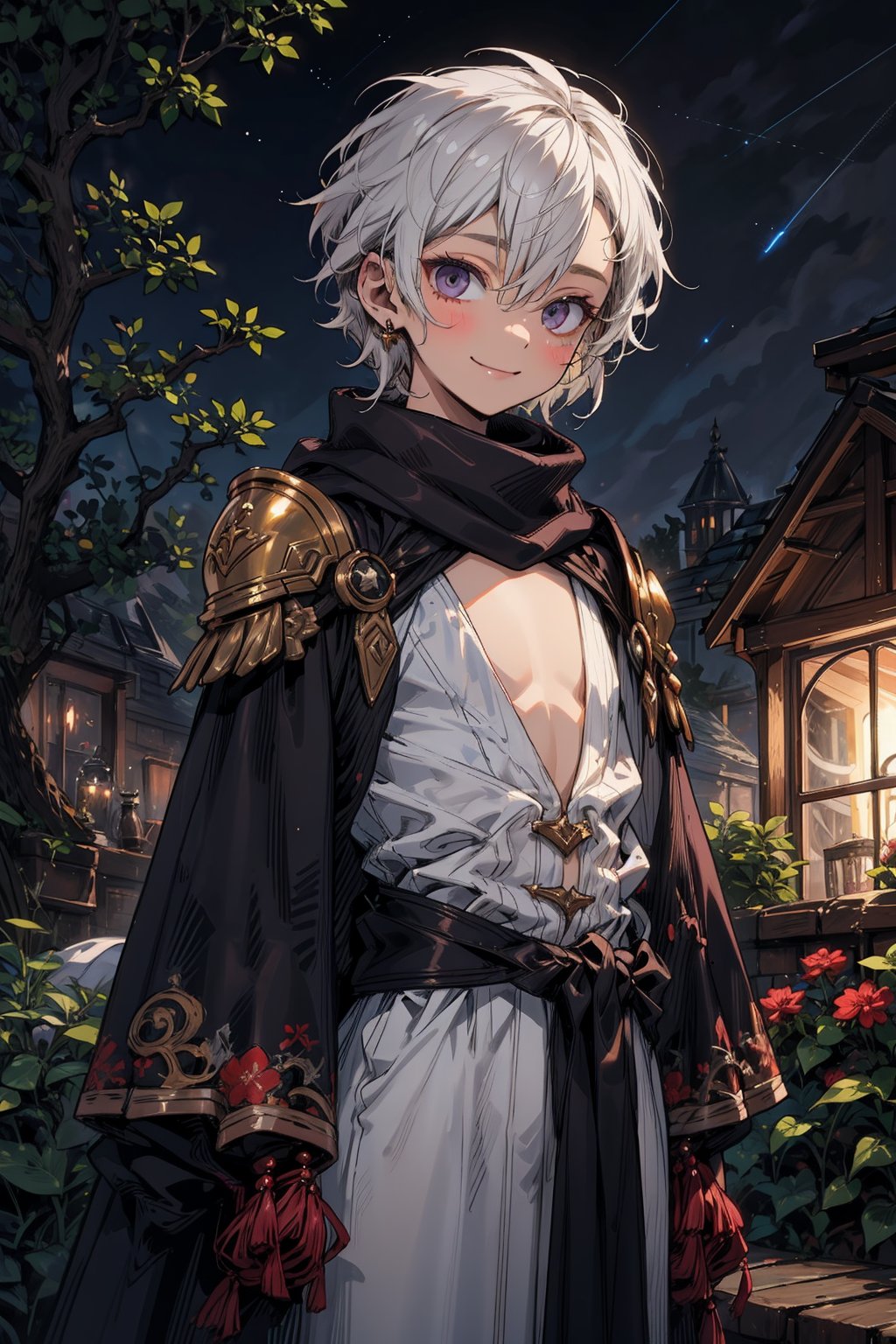 young_person, small_person, androgynous_look, flat_chest, white_hair, shoulder_length_hair, dark_eyes, uncertain_smile, very_slim, very_thin, close_up, fantasy_clothes, victorian_clothes, garden, night, dark_sky, small_body, white_robe, hermaphroditic_look, hermaphrodite, white_clothes, gold_marks, scarf, longer_hair