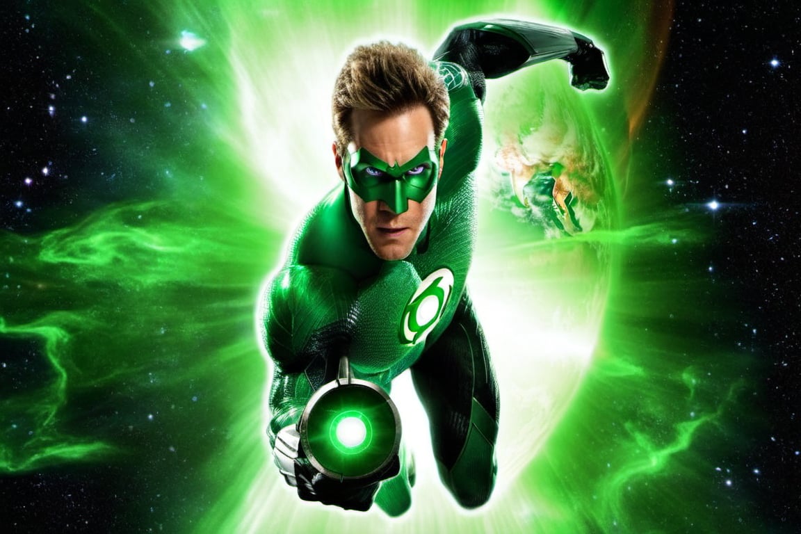 image of a superhero (Green Lantern) flying through space, with planet Earth in the background