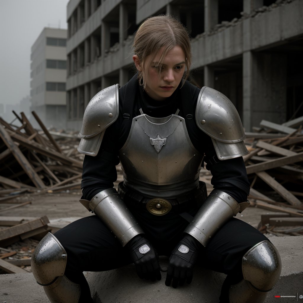 realistic image, panoramic image, of a knight in armor sitting, resting among the ruins after a siege, detail of bullet impacts on his armor. Dystopian world score_9,core_8_up,score_7_up,score_6_up),Yamata,kamen rider style,skpleonardo style,greg rutkowski,samurai,photorealistic,flash photo,VikingAlpha