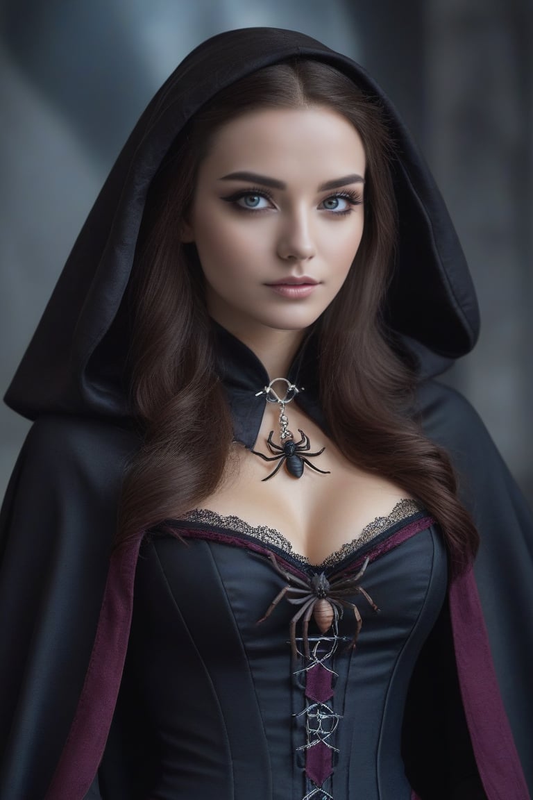 Photorealistic portrait. A beautiful young witch recites a spell. Dressed in dark revealing clothes. The corset emphasizes...