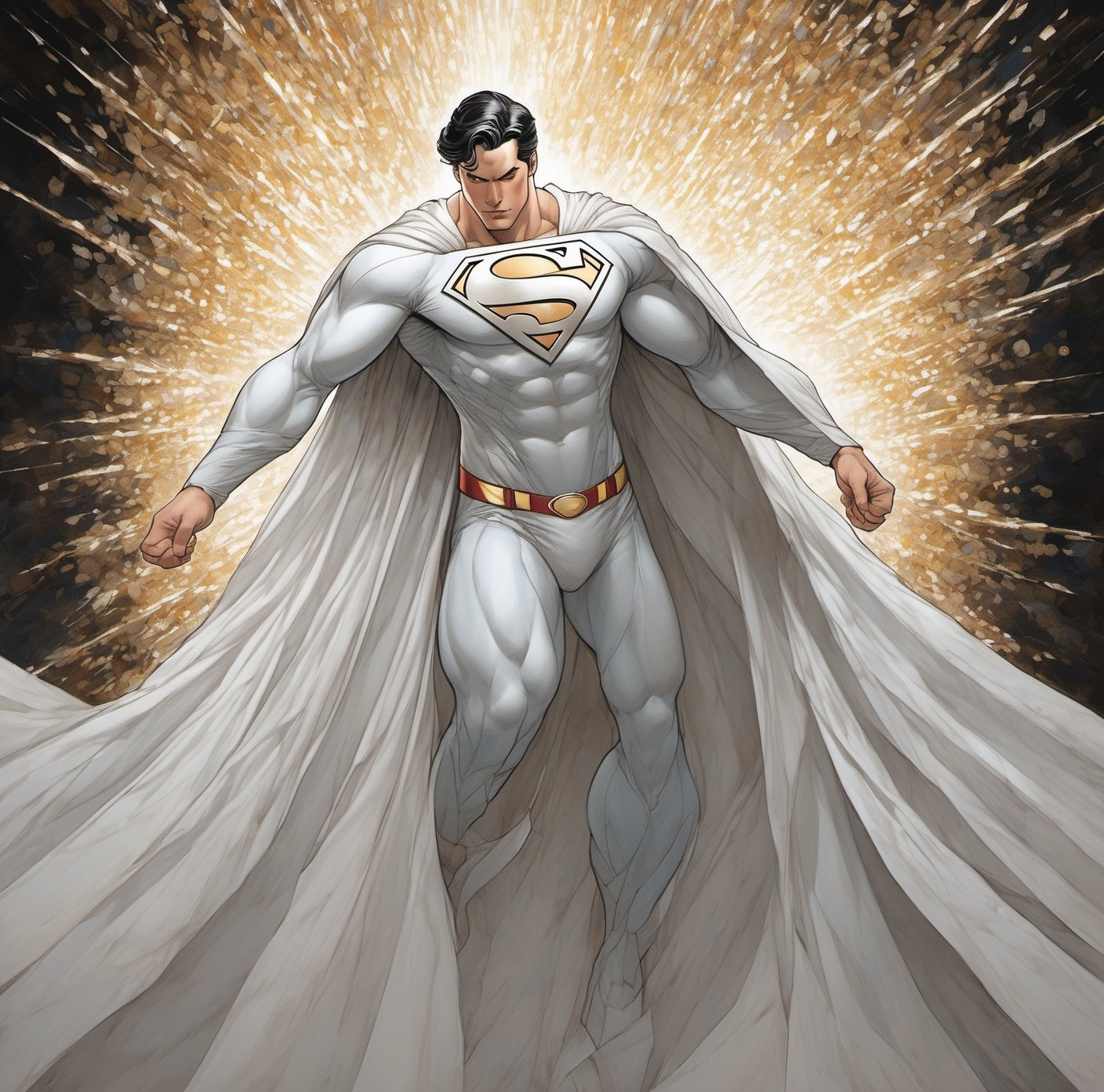 masterpiece, best quality, ultra-detailed, High detailed, Pure White Superman is depicted as a powerful being intertwined with pure light. He stands ready for battle, with hair made from fireworks that shine brilliantly, reminiscent of a spectacular nighttime display. This firework hair symbolizes his energy and strength, He is clad in a unified steel garment of black and gold, adorned with jade rivulets accessory. This attire provides him with formidable protection while also showcasing an elegant and sophisticated appearance. The jade decorations add a touch of natural beauty to his outfit, creating a mysterious aura, Superman's eyes are a deep, clear blue, representing his determination and resilience. He wears earrings, a neckerchief, and a hairpin, completing his distinctive style. These accessories highlight his personality and uniqueness, His physique is perfectly proportioned, making all his movements appear graceful and powerful. He is surrounded by beautiful blossoms, which add a sense of natural vitality to his presence. Additionally, his appearance is illustrated with algorithmic fractal art, visually representing his inner strength and beauty through complex and intricate patterns. Superman stands out with arching light reflections, making his surroundings glow fantastically. The vivid and vibrant colors make his image even more lively, while cinematic and aesthetic lighting gives him a mysterious atmosphere, All these elements are expressed with detailed textures, making the image of Pure White Superman feel realistic and impactful. His presence transcends that of a simple hero, appearing as a work of art, harmonizing light and power,
Negative prompt: 