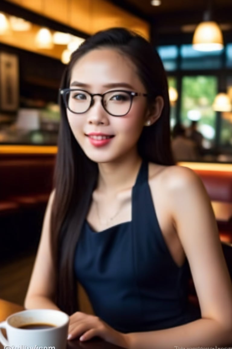 A masterpiece of a young Asian girl, 20 years old, with a slender physique and flawless face. She sits elegantly at a cozy dining table in a Starbucks cafe, surrounded by warm lighting. Her long hair cascades down her back, framing her delicate features. Glossy lips curve into an alluring smile, while expressive black eyes sparkle behind stylish eyeglasses. The overall composition is visually stunning, with a depth of field that draws the viewer's attention to her perfection.