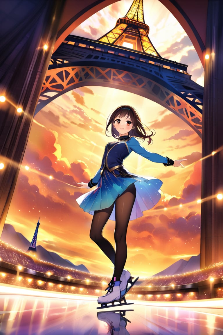 A young Asian athlete in mid-skate glide across the smooth, gleaming skating rink, bathed in the warm glow of vibrant stadium lights overhead. Her agile movements shine as she effortlessly showcases her impressive skills amidst a breathtaking backdrop: the Eiffel Tower's iconic silhouette rises above the French landscape, while the Italian Alps' majestic peaks stretch towards the sky, framing this talented tween's moment of triumph.