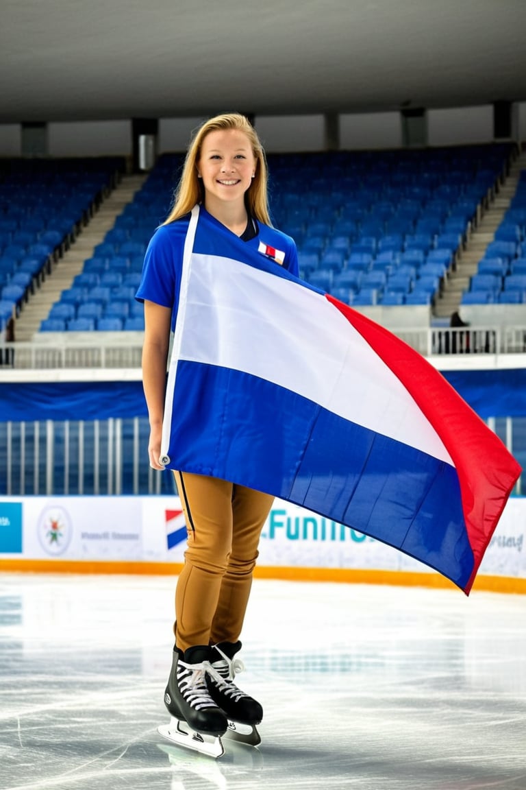 An American-Finnish tween athlete proudly stands on skating rink inside stadium, the Philippine flag draped behind her in France, Italy