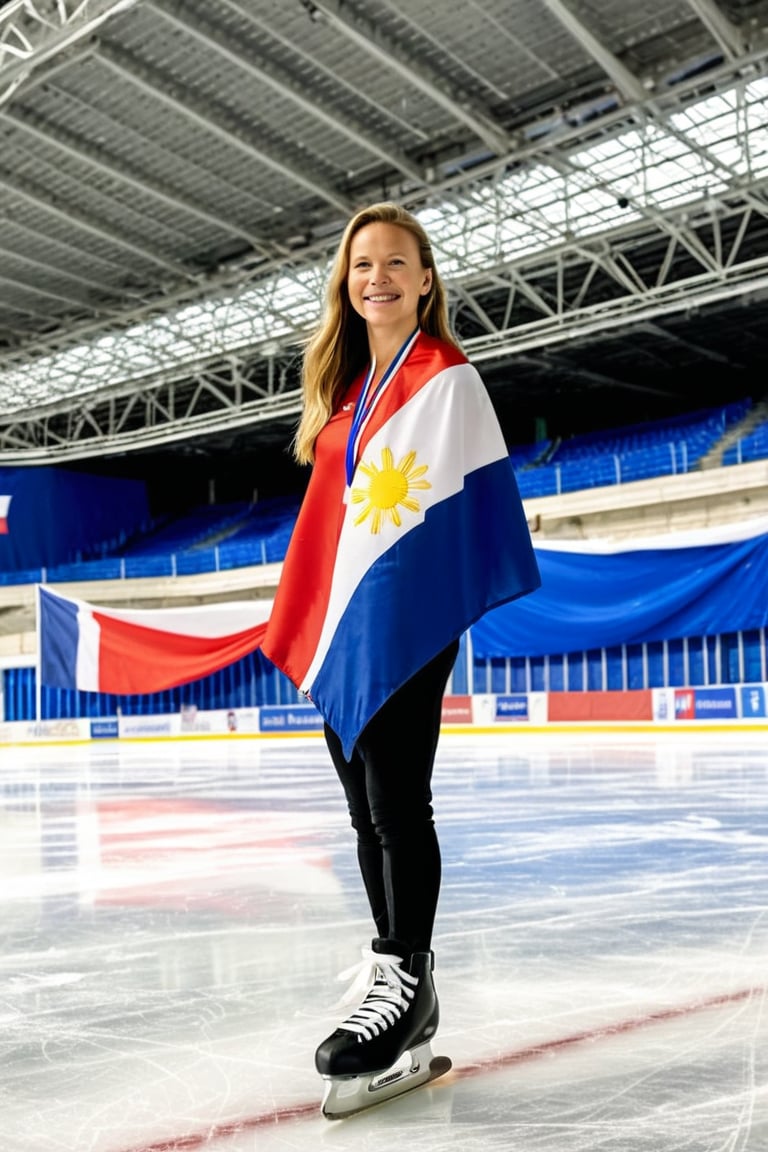 An American-Finnish tween athlete proudly stands on skating rink inside stadium, the Philippine flag draped behind her in France, Italy