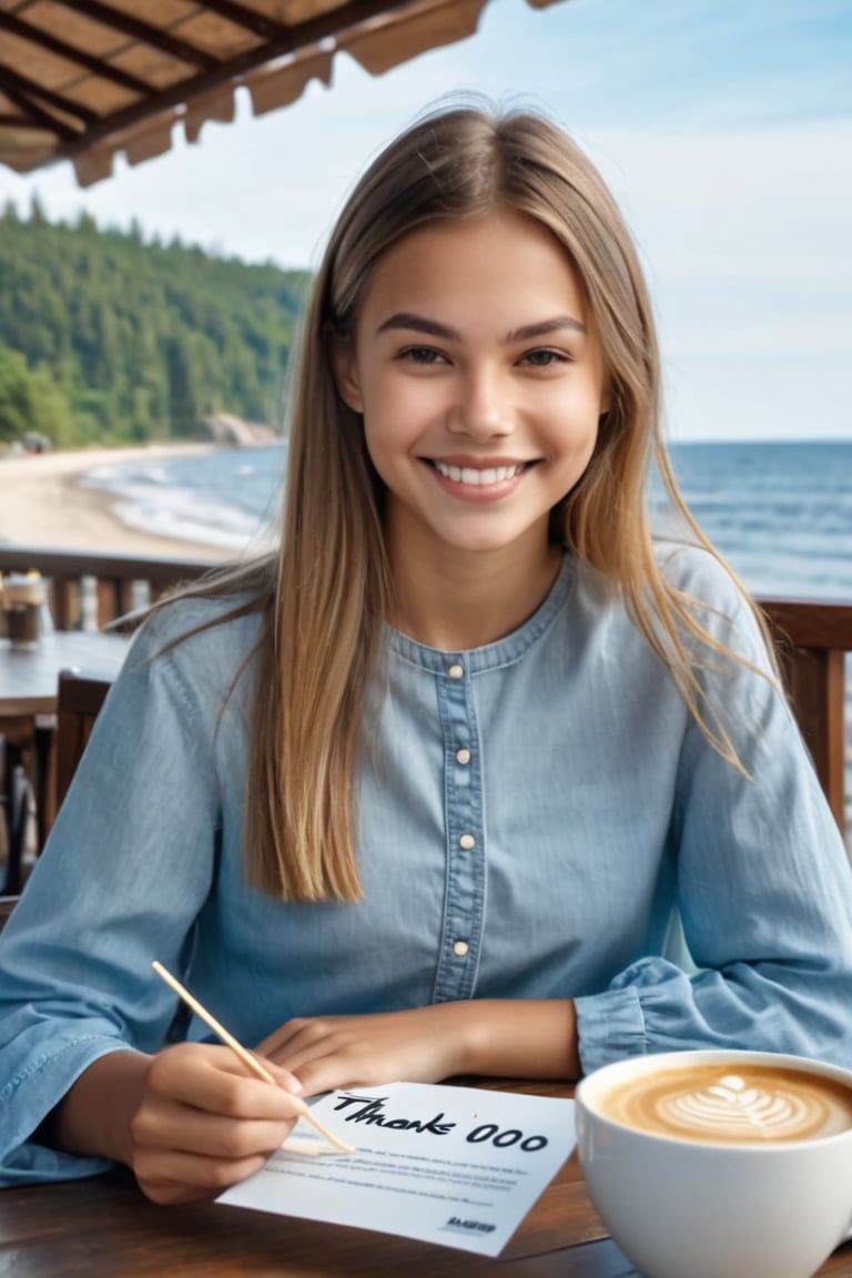 Realistic mid shot photo of an American-Finnish pretty young girl wearing a casual attire, with long straight hair sitting at a breakfast table in an outdoor restaurant over rice meal and coffee, hands holding a special sign board with text saying "Thanks for 100", (((photorealism:1.4))), best quality, photography QUALITY, 8k, smile while mouth closed, hair ribbon, overlooking the sea shoreline, extremely realistic 