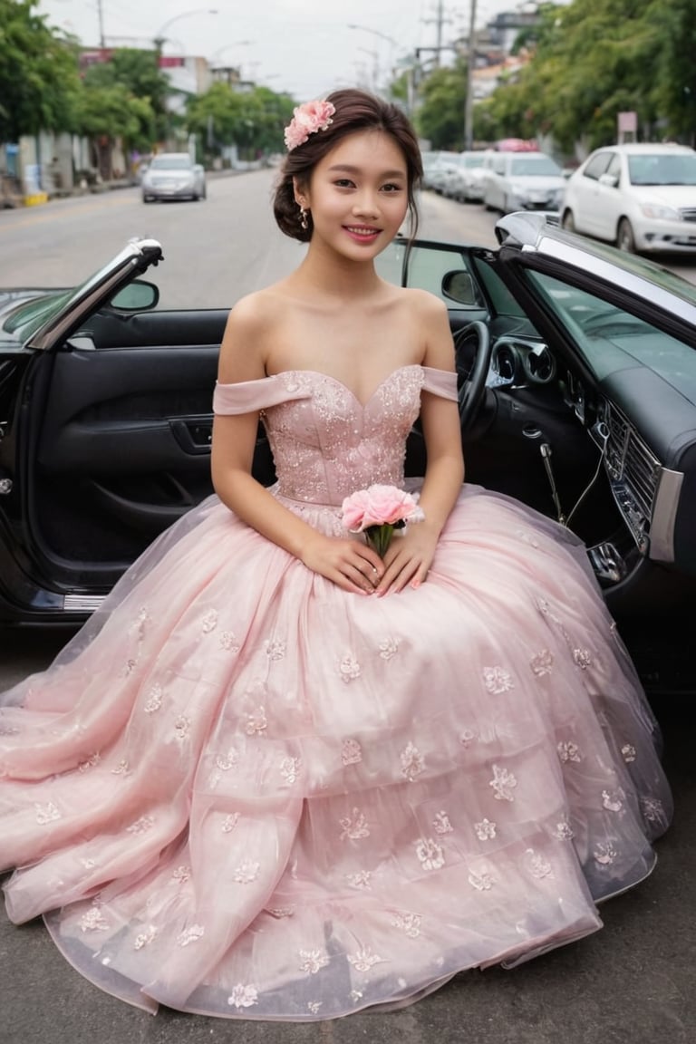 Full body shot of a small skinny pretty 20-year-old Asian waif like girl head to toe wearing head flowers and detailed pink ball long gown, long brown updo hair, shy smiles, legs together, hands on lap, casually reclining in front view deep in long black car with flower decorations. Magazine cover with text saying "Evening gown",  More Reasonable Details