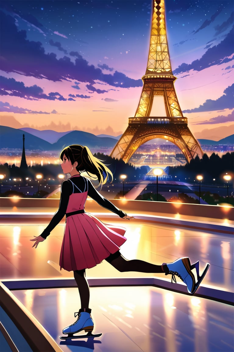 A young Asian athlete in mid-skate glide across the smooth, gleaming skating rink, bathed in the warm glow of vibrant stadium lights overhead. Her agile movements shine as she effortlessly showcases her impressive skills amidst a breathtaking backdrop: the Eiffel Tower's iconic silhouette rises above the French landscape, while the Italian Alps' majestic peaks stretch towards the sky, framing this talented tween's moment of triumph.